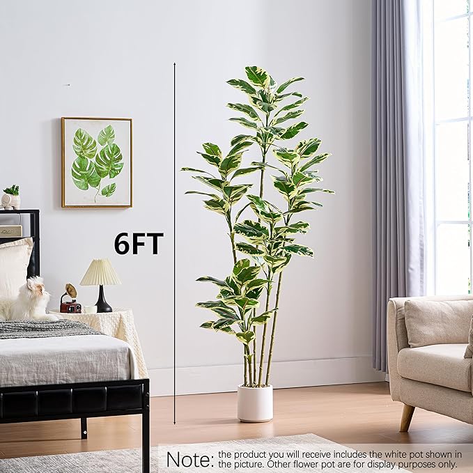Artificial Rubber Plant 6FT Faux Plants Indoor Fake Rubber Tree with White Planter, Tall Fake Plants Potted Tree Floor Plant in Pot, Artificial Trees for Home Office Room Outdoor Decor