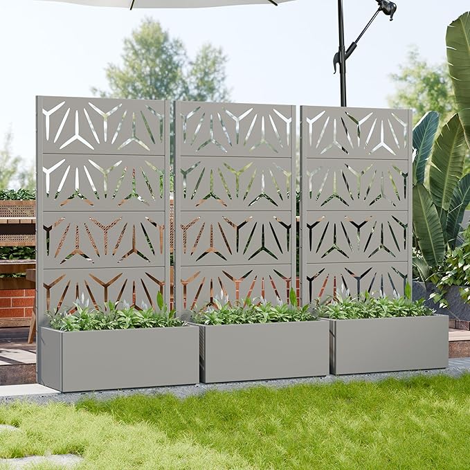 Casaphoria Metal Raised Garden Bed with Trellis, 59"x30"x12" Planter Box for Climbing Plants, Vegetables & Vines, Features Drainage Holes and Privacy Screen, Grey-Star