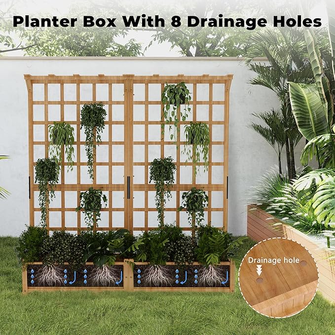 GarveeLife Two-Tier Wooden Planter Box with Trellis for Outdoor Gardens, Elevated Raised Bed for Flowers and Vegetables, 1.4 ft Deep Planter with Hanging Roof & Drainage Holes