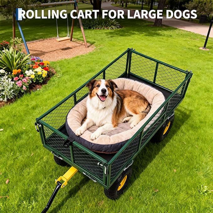 900 lbs Heavy Duty Steel Garden Cart, Garden Wagon Cart on Wheels, Outdoor Metal Yard Utility Wagon Carts with and Mesh Removable Sides and 180°Rotating Handle,Green