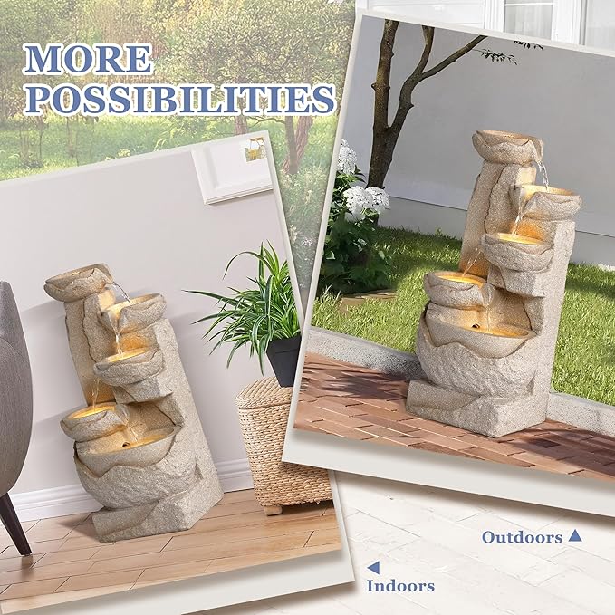 Grepatio Outdoor 5-Tiers Cascading Rock Water Fountain, Small Waterfall Fountain with 5 LED Lights, Beige Bowl Feature Fountains and Waterfalls for Garden or Patio, Yard, and Deck Decor