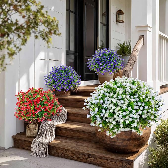 Artificial Flowers for Outdoors Fake Plants - 12 Bundles Faux Outside Greenery Boxwood No Fade Plastic Shrubs Fall Decor Farmhouse Home Garden (White)