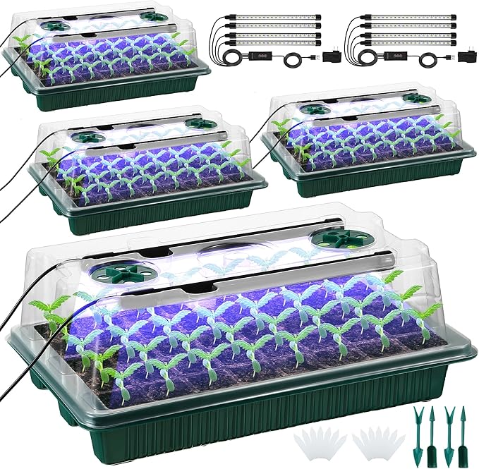 Saillong 4 Pack Seed Starter Tray with Grow Light, 80 Cell Indoor Greenhouse Seed Starting Set with Humidity Dome, 360° Full Spectrum LED, Smart Timer, 5 Brightness Levels for Germination