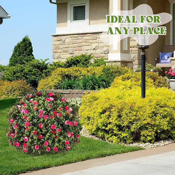 Lunmon 2 Pack 24" Artificial Topiary Ball Plants Trees with Flowers, Outdoor Fake Topiary Plants with Ground Spike, UV Resistant Faux Bushes for Indoor Outdoor Front Door Decor(Pink, White,Rose)