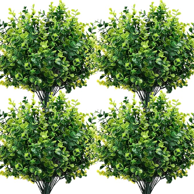 CEWOR Artificial Boxwood Stems 24 Pack Artificial Plants for Outdoor UV Resistant Faux Plants Fake Eucalyptus Shrubs for Room Decor Indoor Outdoor