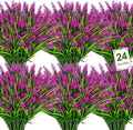 Bassion 24 Bundles Artificial Flowers for Outdoors, Fake Lavender Flowers with Monkey Grass UV Resistant Plastic Faux Plants for Outside Hanging Planter Window Box Garden Patio Front Porch Home Decor