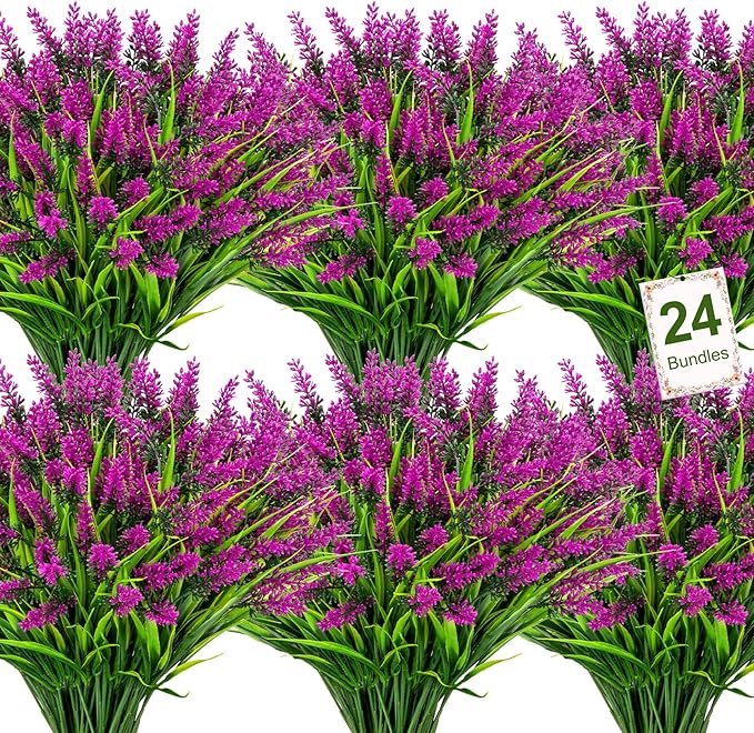Bassion 24 Bundles Artificial Flowers for Outdoors, Fake Lavender Flowers with Monkey Grass UV Resistant Plastic Faux Plants for Outside Hanging Planter Window Box Garden Patio Front Porch Home Decor