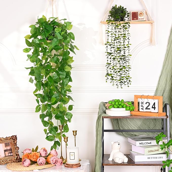 Waipfaru Fake Hanging Plants, 2pcs Artificial Potted Plant, Faux Ivy Pothos Vines Greenery for Wall Home Bedroom Living Room Aesthetic Kitchen Office Aesthetic Kitchen Indoor Outdoor Decor