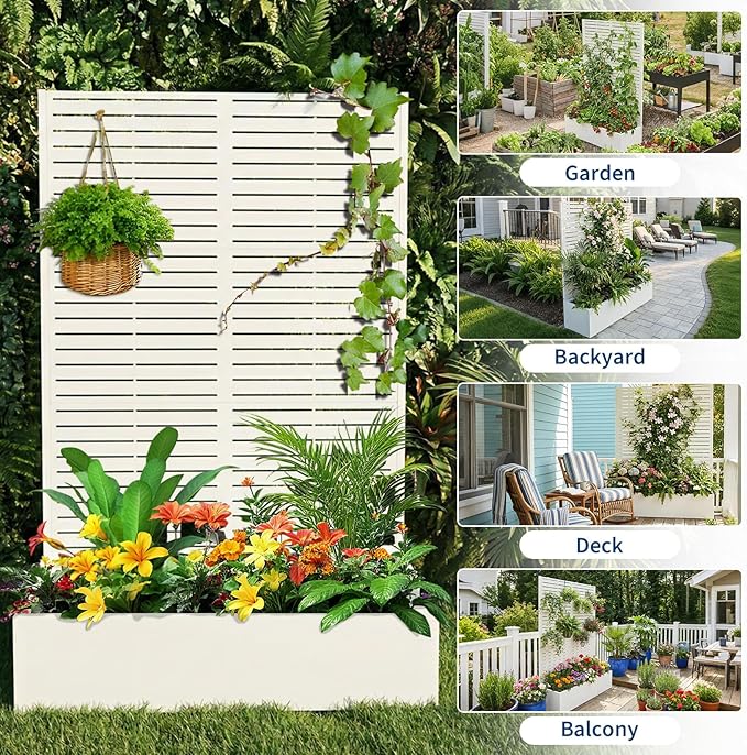 Metal Raised Garden Bed with Trellis & Privacy Screen, 70.1"x45"x15" Galvanized Metal Planter Box with Drainage Holes for Patio Balcony Outdoor Climbing Plants Flowers Vegetable, White