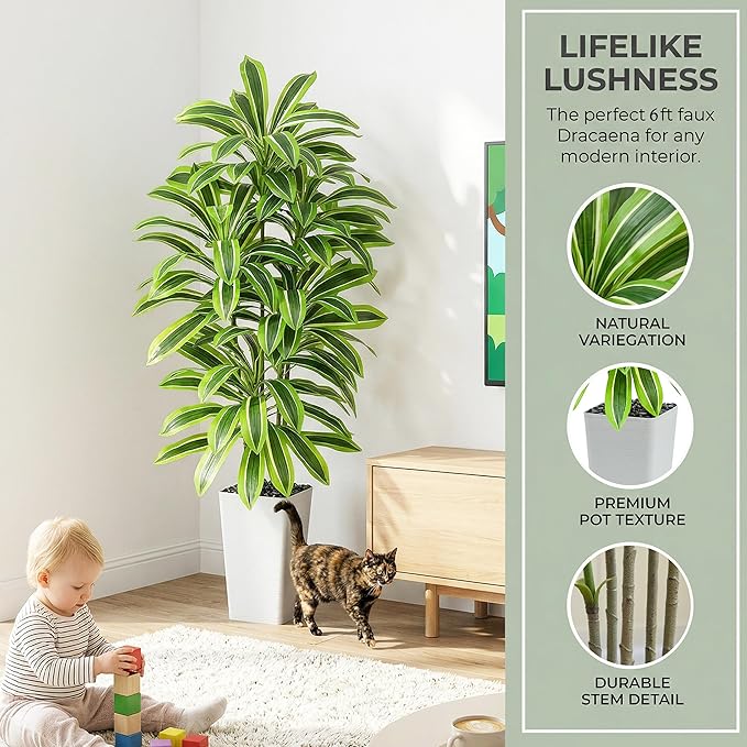 Artificial Dracaena Tree：6FT Faux Silk Tropical Yucca Floor Trees Realistic Fake Green Plant with Natural Wood Trunk & Lifelike Leaves for Home Office Decor Indoor & Outdoor (6FT,1-Pack,White)