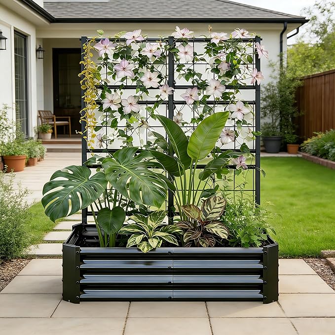 Galvanized Raised Garden Bed with Trellis for Climbing Plants Outdoor,Metal Vertical Garden Planter Box for Patio,Heavy Duty Elevated Garden Bed for Vegetables Tomatoes Cucumbers Flowers Herbs,Black