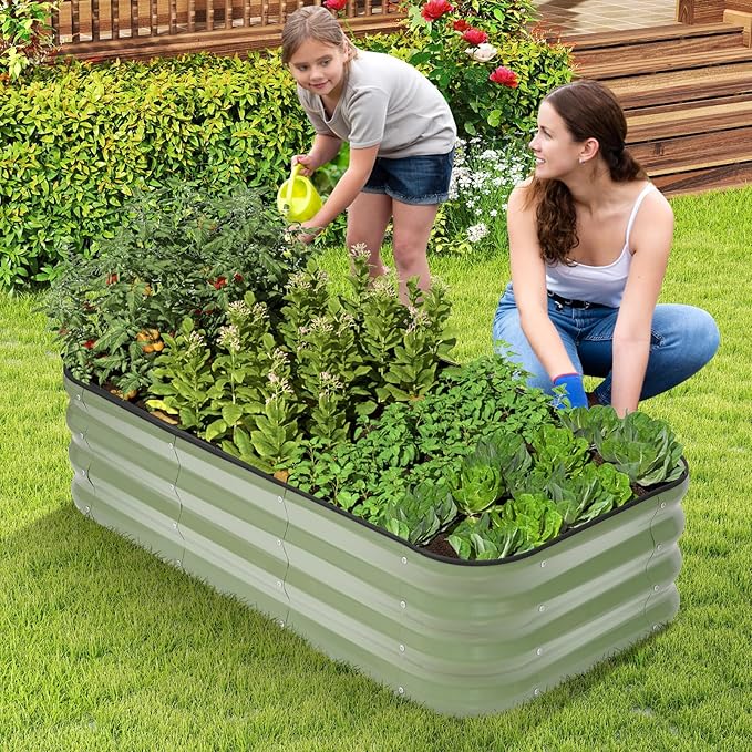 1MORE Raised Garden Bed -4X2X1 Galvanized Planter Box for Outdoor Gardening,3 in 1 Modular Raised Bed Kit with Protective Tape, Gloves for Herb，Ideal for Vegetables and Plants.Green-1Pack