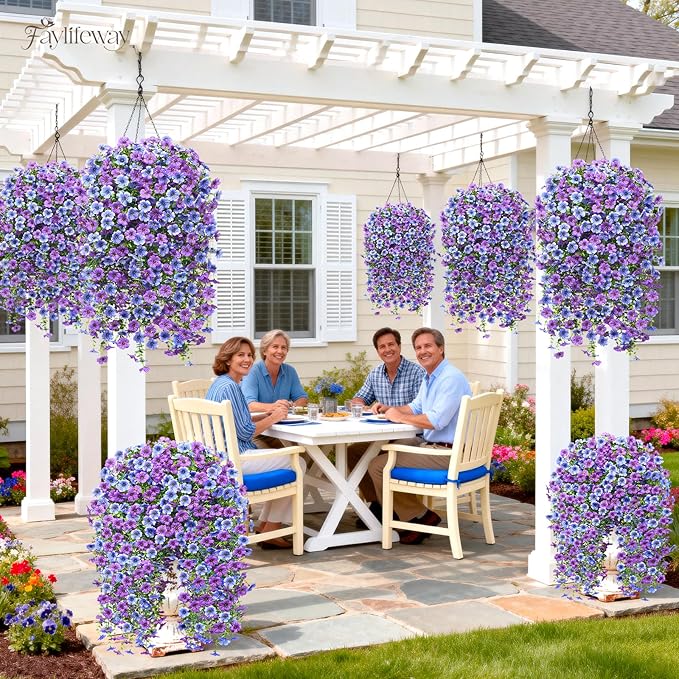 Artificial Hanging Flowers for Outdoors Spring Summer Decoration, 4PCS UV Resistant Silk Fake Hanging Plants for Patio Porch Front Yard Window Garden Indoor Decor(Blue&Purple,4PCS)