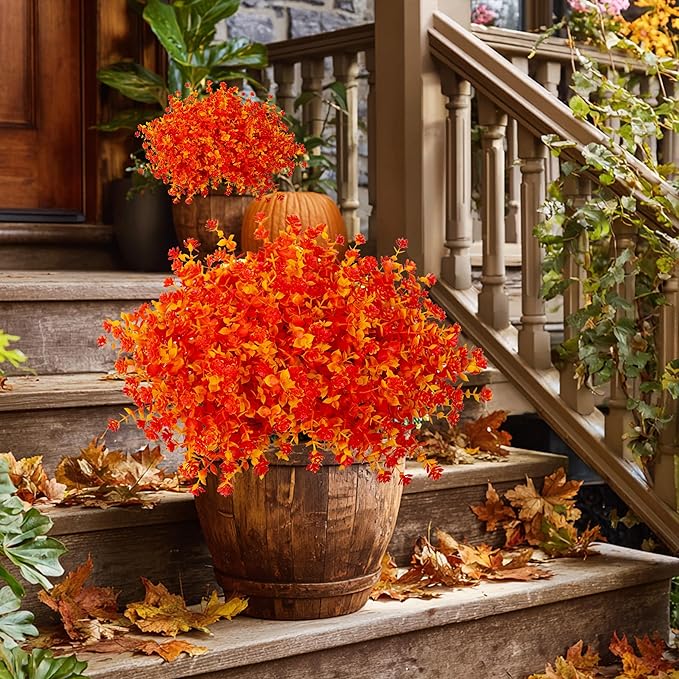 Artificial Fall Flowers Outdoor Fake Mums - 12 Bundles Fake Plants UV Resistant No Fade Faux Plastic Greenery Garden Porch Patio Fall Home Decor (OrangeYellow)