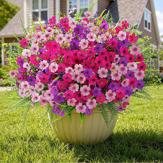 Alupssuc 24 Bundles Artificial Flowers for Outdoors Spring Decoration, UV Resistant Eucalyptus Violet and Lavender Silk Fake Plants for Outside Indoor Yard Home Patio Decor, Rose Purple Pink