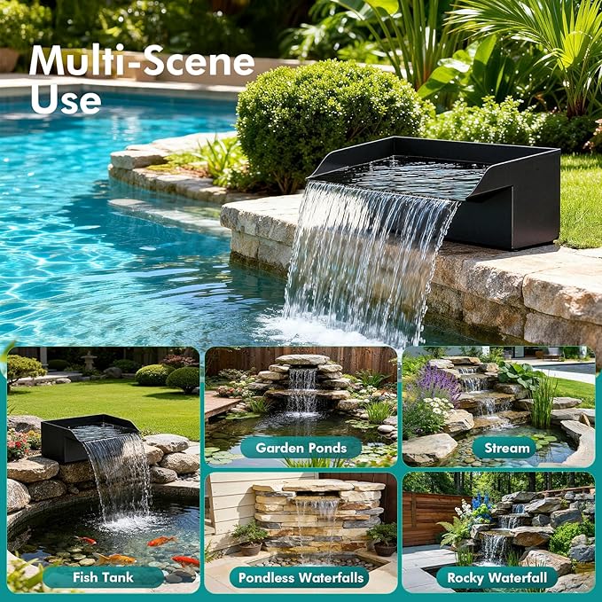 Pond Waterfall Spillway Kit, 12" Pond Waterfall Filter with 660GPH Waterfall Pump & Filter Cage, 10 Ft Corrugated Tubing for Outdoor Garden Ponds, Backyard Water Features