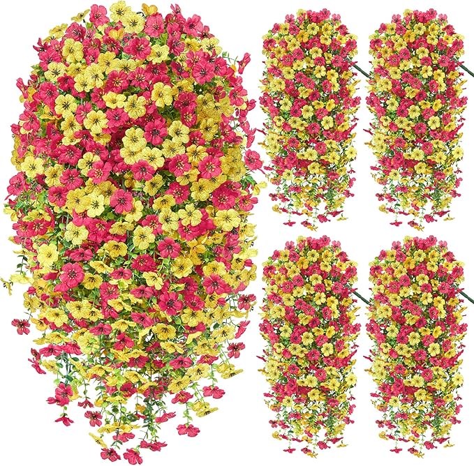 Artificial Hanging Flowers for Outdoors Spring Summer Decoration, 4PCS UV Resistant Silk Fake Hanging Plants for Patio Porch Front Yard Window Garden Indoor Decor(Hot Pink&Yellow,4PCS)