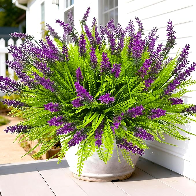 12pcs Artificial Plants Outdoor, 17.8" Tall Fake Flowers UV Resistant Outdoor Fake Plants, Artificial Flowers Plastic Faux Fake Flowers Shrubs Greenery for Porch Garden Patio Window Box Decor