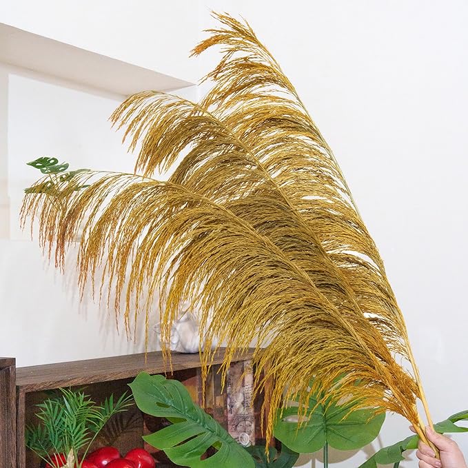 Golden Pampas Grass Decor Tall,Long Dried Pampas Grass for Floor Vase, Natural Pompas Floral, Elegant Feather Flowers for Wedding Living Room Decorations (Natural Gold, 6pcs 43.3"(110cm))
