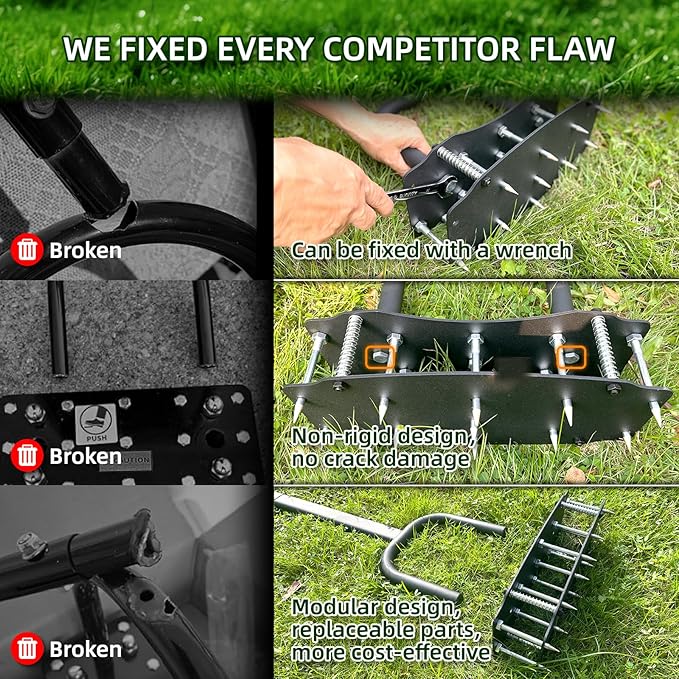 Lawn Aerator Tool for Clay Soil - Kick to Unclog & Bolt-On Base Never Breaks - 11 Heavy Duty 3.5” Spikes for Deeper Penetration - Pre Assembled 12.2x6” Plate