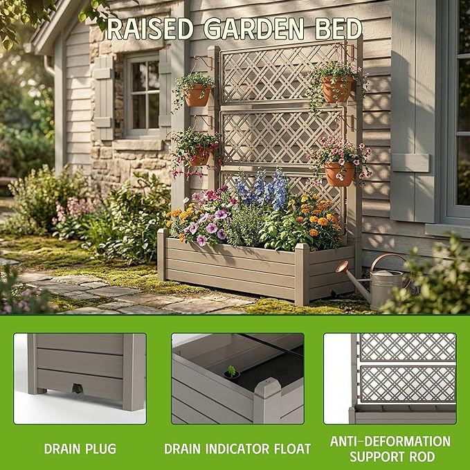 Elevated Raised Garden Bed with Trellis,Resin Planter Boxes Outdoor for Backyard Balcony,Large Patio Planter Box for Herbs Flowers Vegetables(Grey)