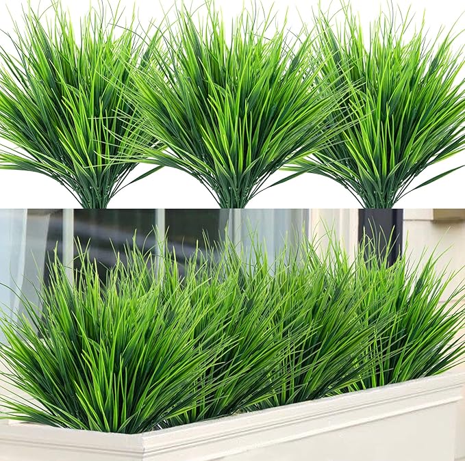 Ouddy Decor 12 Bundles Artificial Wheat Grass Outdoor UV Resistant Greenery Stems Plastic Shrubs for Garden Farmhouse Front Porch Window Box Home Decor