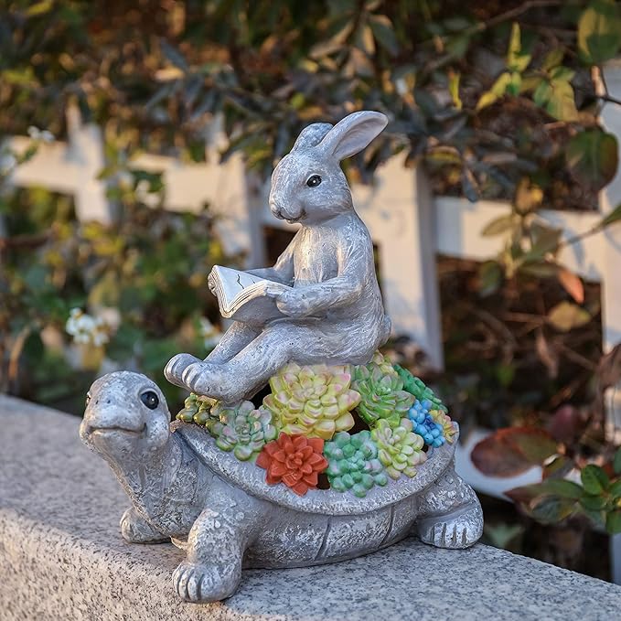 TERESA'S COLLECTIONS Garden Statues Rabbit Turtle Solar Outdoor Light for Garden Decor, Resin Outdoor Statues Tortoise Bunny Sculptures for Lawn Patio Porch Yard Decor Garden Gifts for Mom Women, 9"