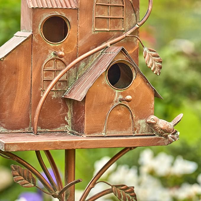 Large Copper Colored Multi-Birdhouse Stakes, Room for 4 Bird Families in Each (Castle Home)