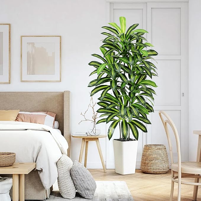 Artificial Dracaena Tree - 6FT Tall Fake Plants with White Tall Planter - Artificial Plants Indoor Floor Plant in Pot - Large Tropical Fake Yucca Potted Tree for Home Office Living Room Decor