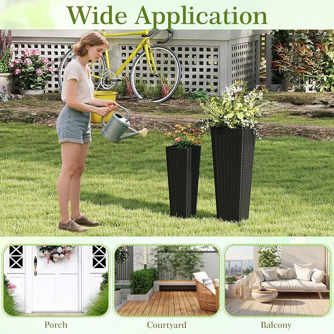 Giantex Set of 2 Planters for Outdoor Plants, Tall Tapered Plants w/Inner Trays, Drainage Holes, Decorative PP Flowerpots 32" & 24" Tall for Porch, Patio, Garden, Backyard, Indoors & Outdoors (Black)