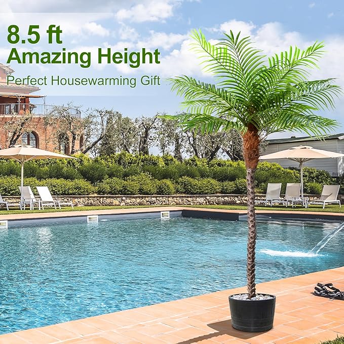 8.5ft Tall Artificial Phoenix Palm Tree for Outdoors Indoor Decor, Large Faux Coconut Silk Palm Tree Tropical Fake Tree Perfect for Outside Patio Poolside Porch Home Office Decor (Set of 2)