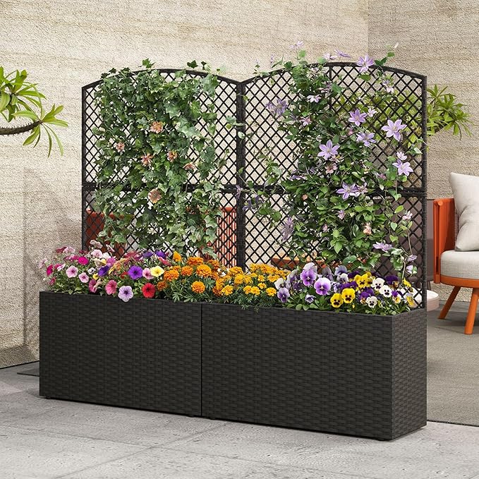 HAPPYGRILL Raised Garden Bed with Trellis, 49" Wicker Planter Box w/Privacy Screen, Liner, Drainage for Patio Balcony, Outdoor PE Rattan Elevated Garden Bed for Climbing Plant Vine Flower (Black,2)