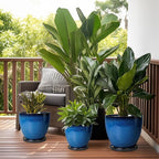 Ceramic Pots for Plants - 10 Inch Planter for Indoor Ourdoor Plants Modern Large Flower Pot with Drainage Hole and Saucer Room Home Office Garden Patio Porch Decor Blue