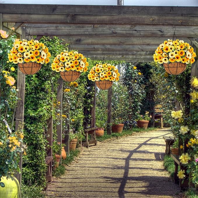 Ouddy Decor Artificial Hanging Flowers with Basket, Fake Silk Hanging Flowers in Coconut Lining Basket Faux Hanging Plants for Outdoor Indoor Spring Garden Porch Home Decor, Yellow