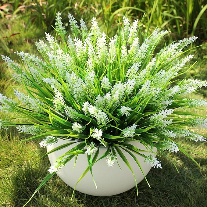 16 Bundles Artificial Plants Outdoor, UV Resistant Fake Lavender & Monkey Grass, Realistic Plastic Faux Plants for Balcony, Patio, Porch Greenery Decor, Planter Filler(White)