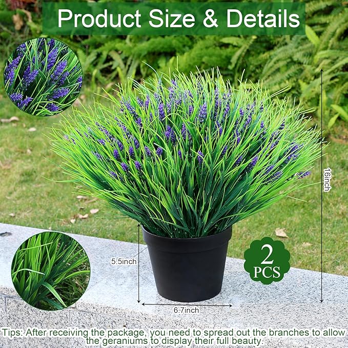 Potted Artificial Plants for Outdoor - 2 Sets Pre-Made Faux Lavender Grass in Pots Large UV Resistant Look Real for Gardens Yards Patios Paths Home Outdoor Decor