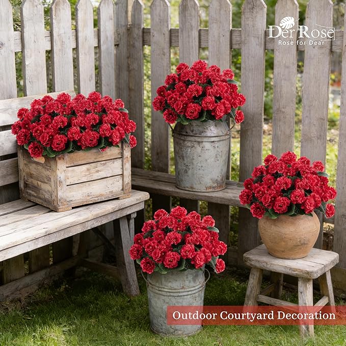 Der Rose 12 Pack Red Artificial Geraniums Flowers for Outdoors UV Resistant Faux Flowers for Outdoor Planters Window Boxes Patio Cemetery Porch Decor