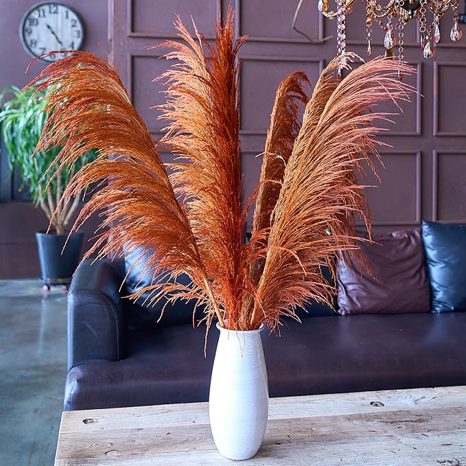 Pampas Grass Decor Tall,Burnt Orange Dried Pampas Grass for Vase, Large Natural Pompas Floral, Elegant Feather Flowers,Wedding Living Room Farmhouse Decor (Natural Orange, 4pcs 43.3"(110cm))