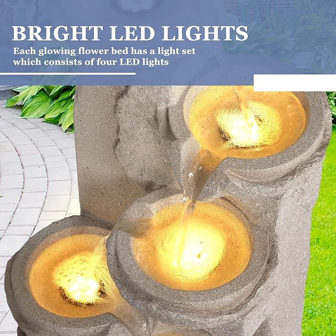 Grepatio Outdoor 5-Tiers Cascading Rock Water Fountain, Small Waterfall Fountain with 5 LED Lights, Beige Bowl Feature Fountains and Waterfalls for Garden or Patio, Yard, and Deck Decor