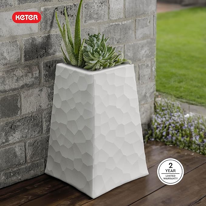 Keter Stone Tapered Planter Set of 2, Tall 26.4‑Inch Resin Outdoor Flower Pots with Stone‑Look Finish and 12.2‑Gallon Capacity, Cream