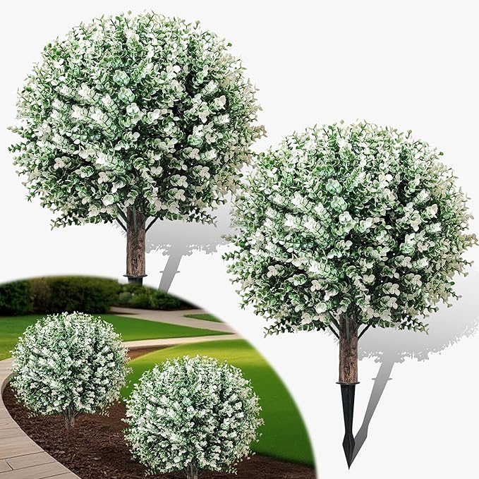 Artificial Boxwood Topiary Ball Trees – 2 Pack 24.5", Faux Plants, Shrubs & Bushes Outdoor with Spike, UV-Resistant Fake Greenery for Planters Porch Garden Home Office – White