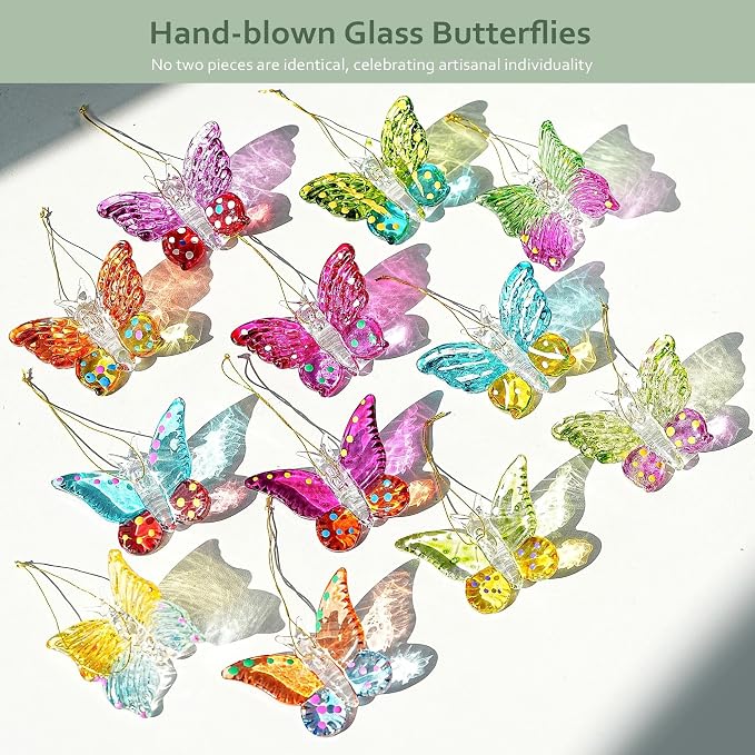 HDCRYSTALGIFTS 4pcs Blown Glass Butterfly Stakes Garden Decorations, Colorful Butterfly Suncatchers with 13.5inch Small Golden Stakes for Flower Bouquet Outdoor Indoor Plant Pot Flower Bed Home Décor