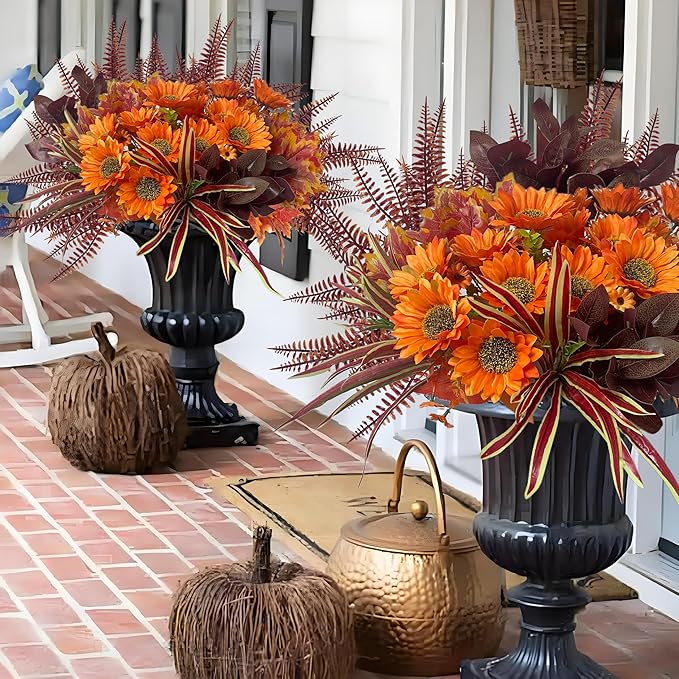 Artificial Sunflowers Flowers Faux Plants for Outdoor, 12 Bundles Fake Silk Realistic Greenery Bushes Look Real UV Resistant for Outside Planters Porch Pot Fall Decor