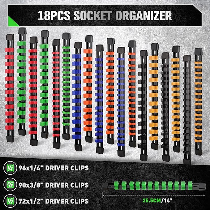 SWANLAKE Socket Organizer Set 18-Piece, 1/4-Inch x 96 Clips, 3/8-Inch x 90 Clips, 1/2-Inch x 72 Clips, Socket Organizer for Tool Box Drawer, Drive Socket Trays, Socket Holder Clip Rail