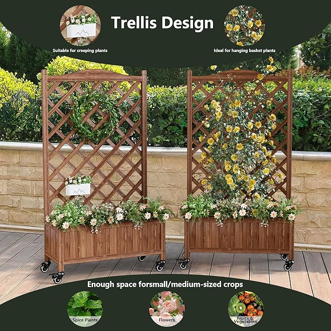 Upgraded 2-Pack 50" Tall Trellis Planter Box with Wheels, 49.8"H × 27.6"W × 13.0"D Solid Fir Wood Raised Garden Bed & Lattice Privacy Screen, Rolling Planter with Drainage for Patio/Garden
