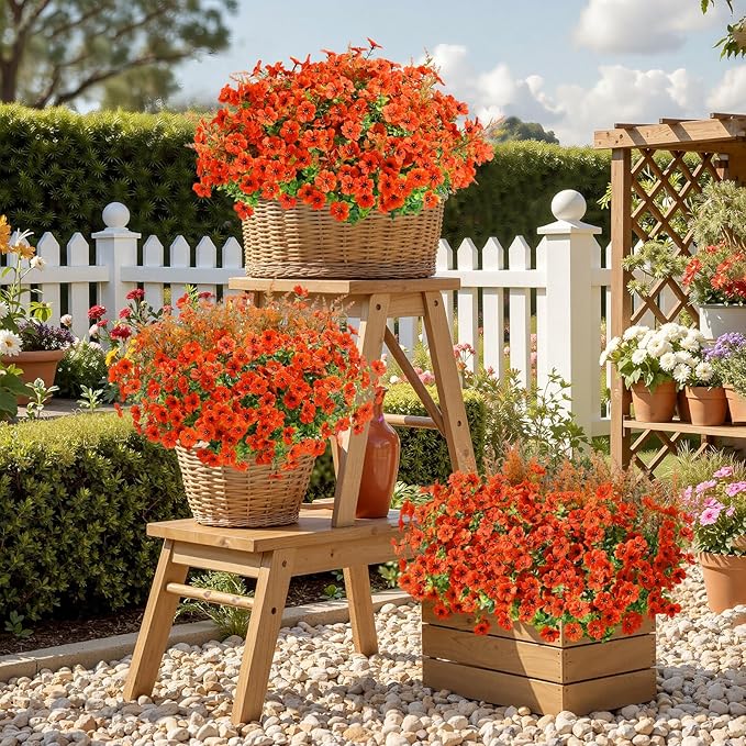 SHareconn 48 Bundles Artificial Flowers for Outdoors Decoration, Faux Plants Fake Silk Colorful Daisy Eucalyptus Lavender, UV Resistant for Outside Home Porch Patio Indoor Spring Decor, Orange