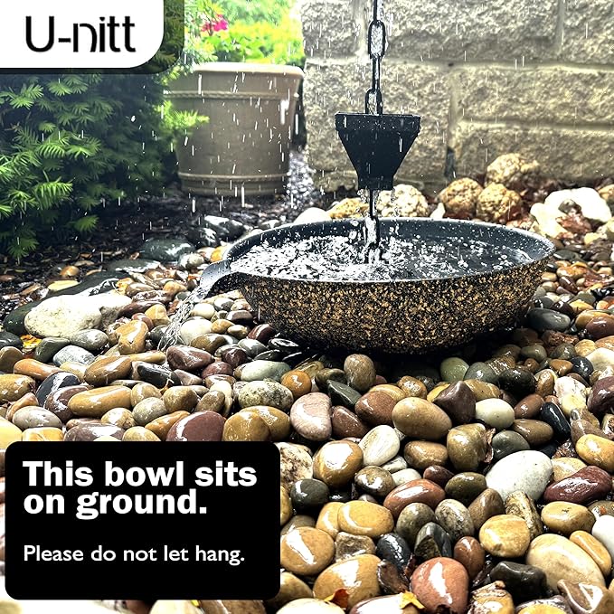 U-nitt 12" Spill Bowl Downspout Catch Basin for Rain Chain Anchoring & Stake | Rainwater Collection for Roof |Gutter Catch Basin | Good for Water Fountain & Birdbath | Black | Handles Heavy Rain