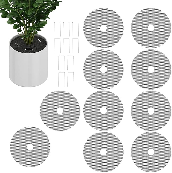 Planter Guard Set ‑ 10 Pieces Cuttable Pot Cover, Includes 10 Stakes Round Grid for Indoor Gardening Moss Protection, Kitten Dog Squirrel Animal Barrier Safety Mesh Garden Accessorie