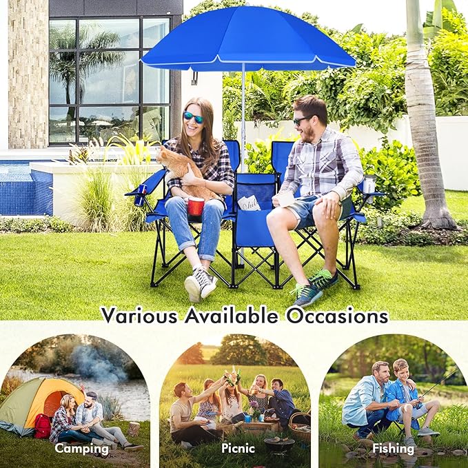 Goplus Double Camping Chair with Umbrella, Folding Loveseat Chairs w/Canopy Shade, Carrying Bag, Table, Cup Holder, Portable Beach Chairs Outdoor Picnic Patio (Blue)