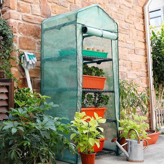 Worth Garden 4 Tier Mini Greenhouse - 63'' H x 27'' L x 19'' W - Sturdy Portable Gardening Shelves with Durable PE Cover w/ Roll-Up Zipper Door- Small Green House Indoor & Outdoor for Plants Flowers